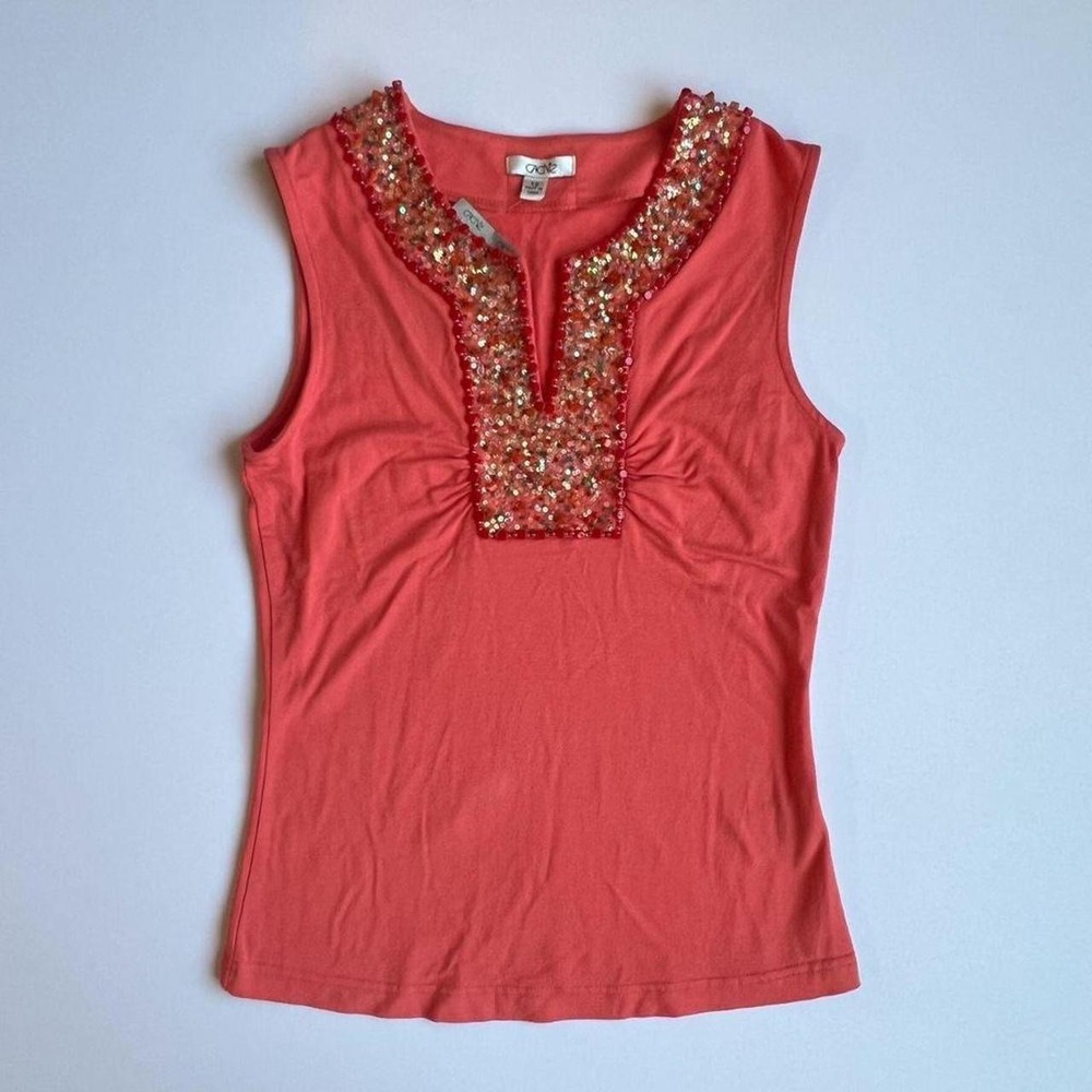 Cache Y2K Beaded Embellished Coral Tank Top NWT Deadstock